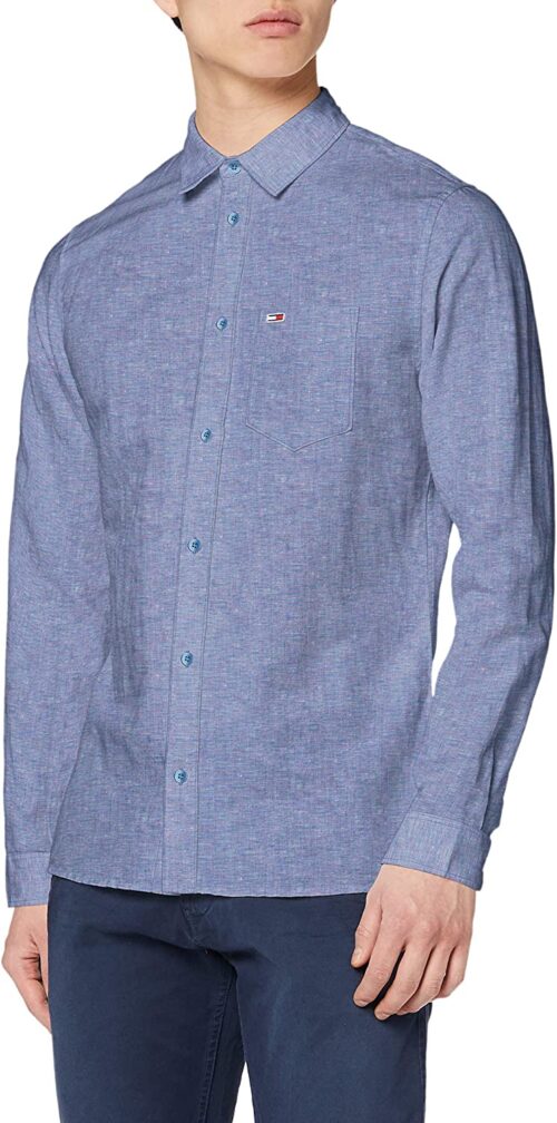 Tommy Jeans Tjm Linen Blend Shirt Camicia, Blu (Twilight Navy C87), Small Uomo